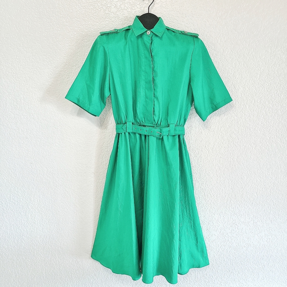 Vintage Green Short Sleeve Shirt House Dress With Belt